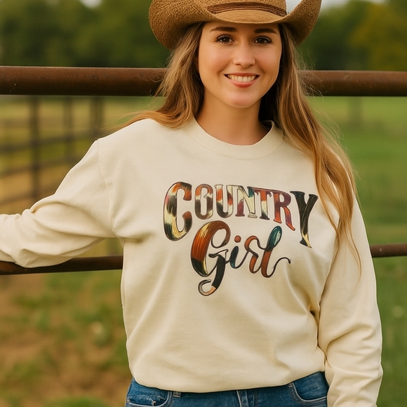 COUNTRY Girl Long Sleeve Shirt – Cow Print Graphic Tee, Western Boho Rural Style - Picture 1 of 11